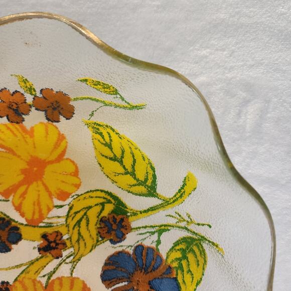 Gorgeous Reverse Painted Vtg. Ruffled Edge Gilt Trimmed Pebbled Bowl Yellow Blue - Picture 3 of 10